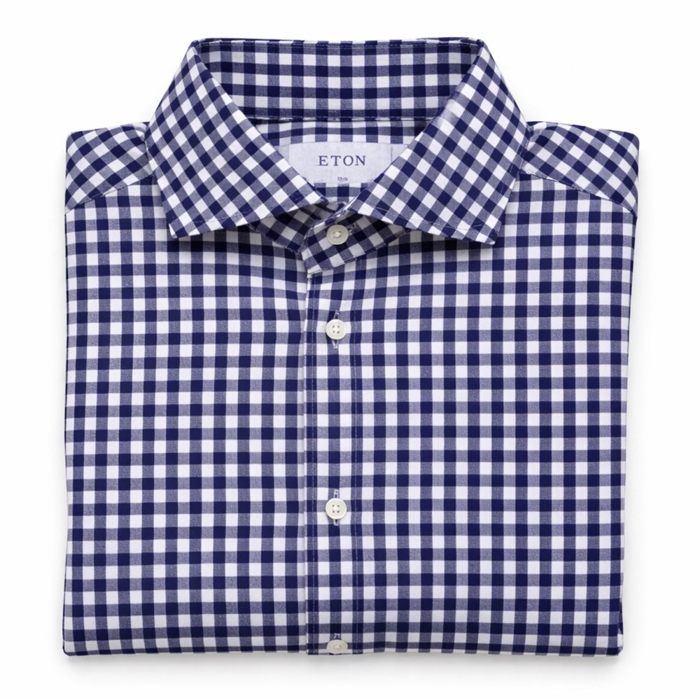 Eton Navy White Gingham Dress Shirt 16.5 Slim Fit Cotton Luxury Check - Picture 1 of 14